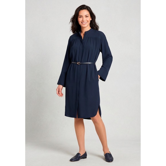 Vince Dresses & Skirts - Vince 100% Silk Shirt Dress Navy Blue Band Collar Long Sleeve Women's Medium